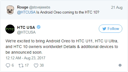 HTC официально подтвердила, что смартфоны HTC 10, U Ultra и U11 получат обновление ОС до Android Oreo