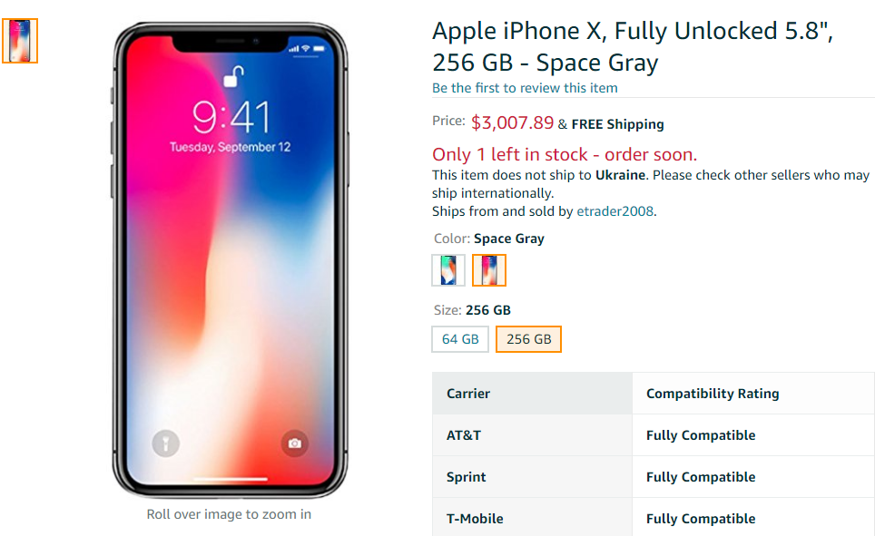 Цена iPhone X на Amazon у некоторых продавцов доходит до $4500