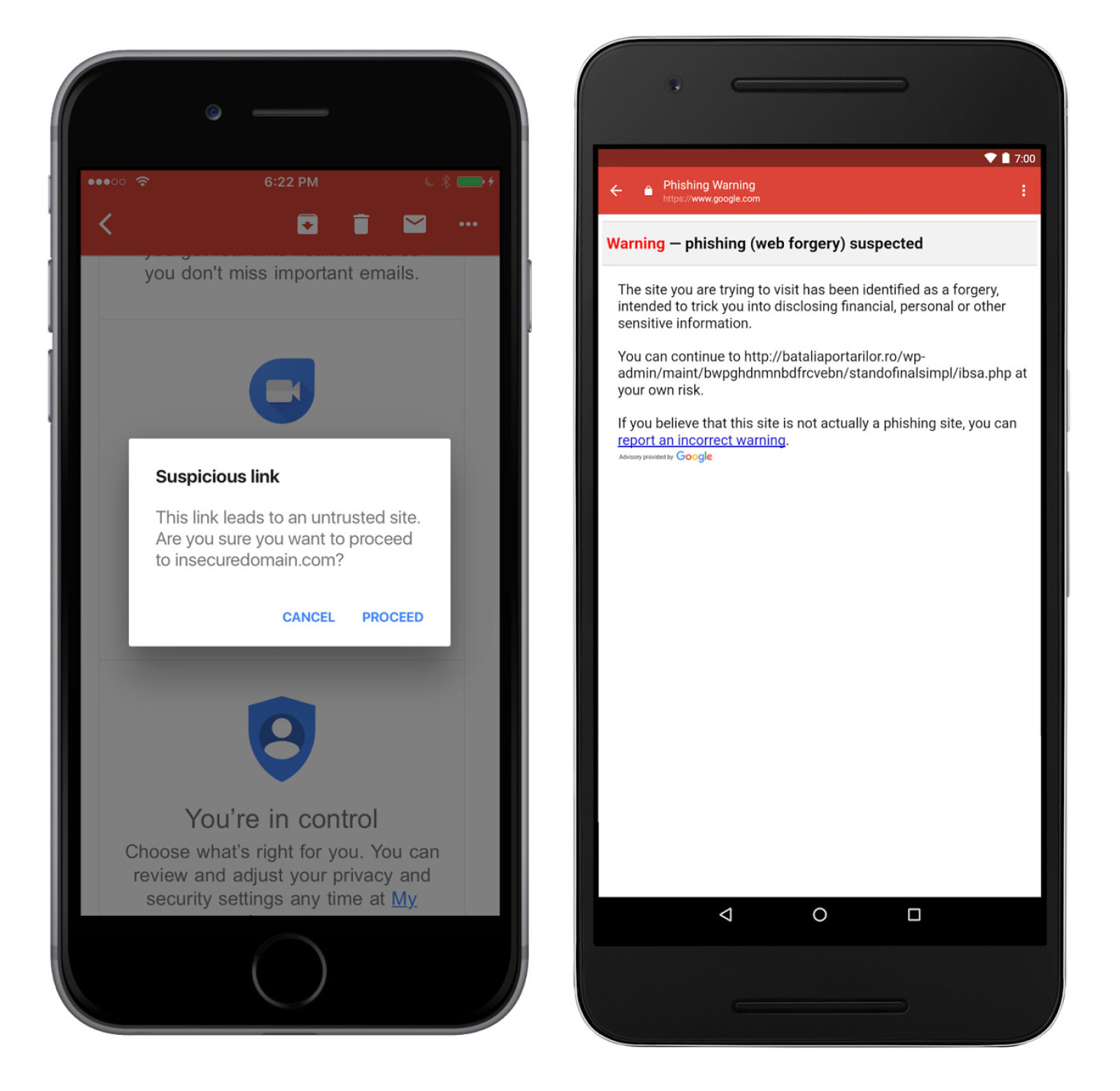 Gmail для iOS будет предупреждать пользователя о переходе на фишинговый сайт