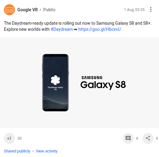 Google объявила, что для Samsung Galaxy S8/S8+ будет добавлена поддержка Daydream