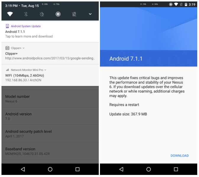 Для смартфонов Nexus 6 снова распространяется обновление ОС до версии Android 7.1.1