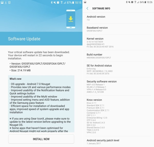 Samsung выпускает обновление ОС до Android Nougat для Galaxy S7 и Galaxy S7 edge