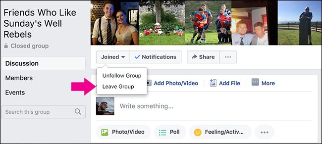 Как покинуть группу в Facebook